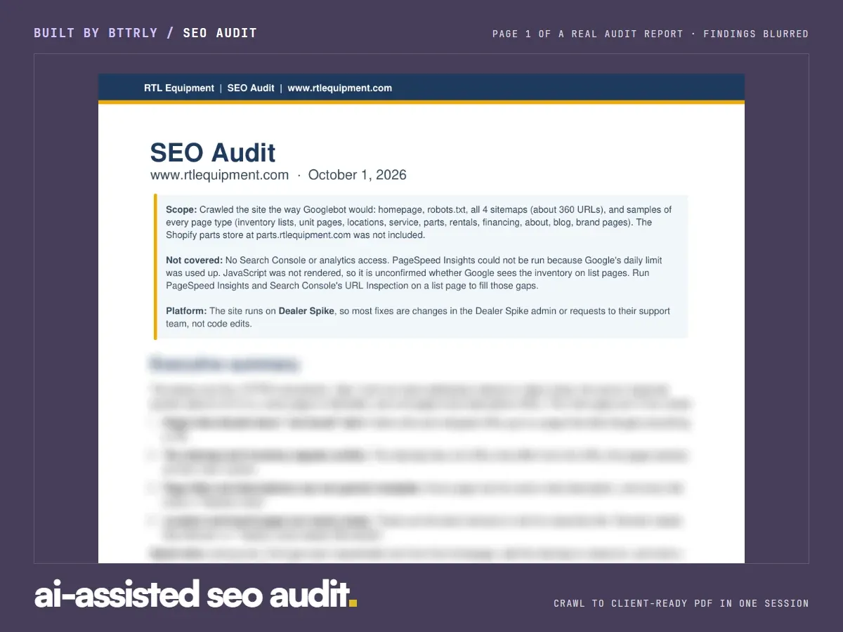 First page of an SEO audit report showing the report header and crawl scope, with the findings blurred