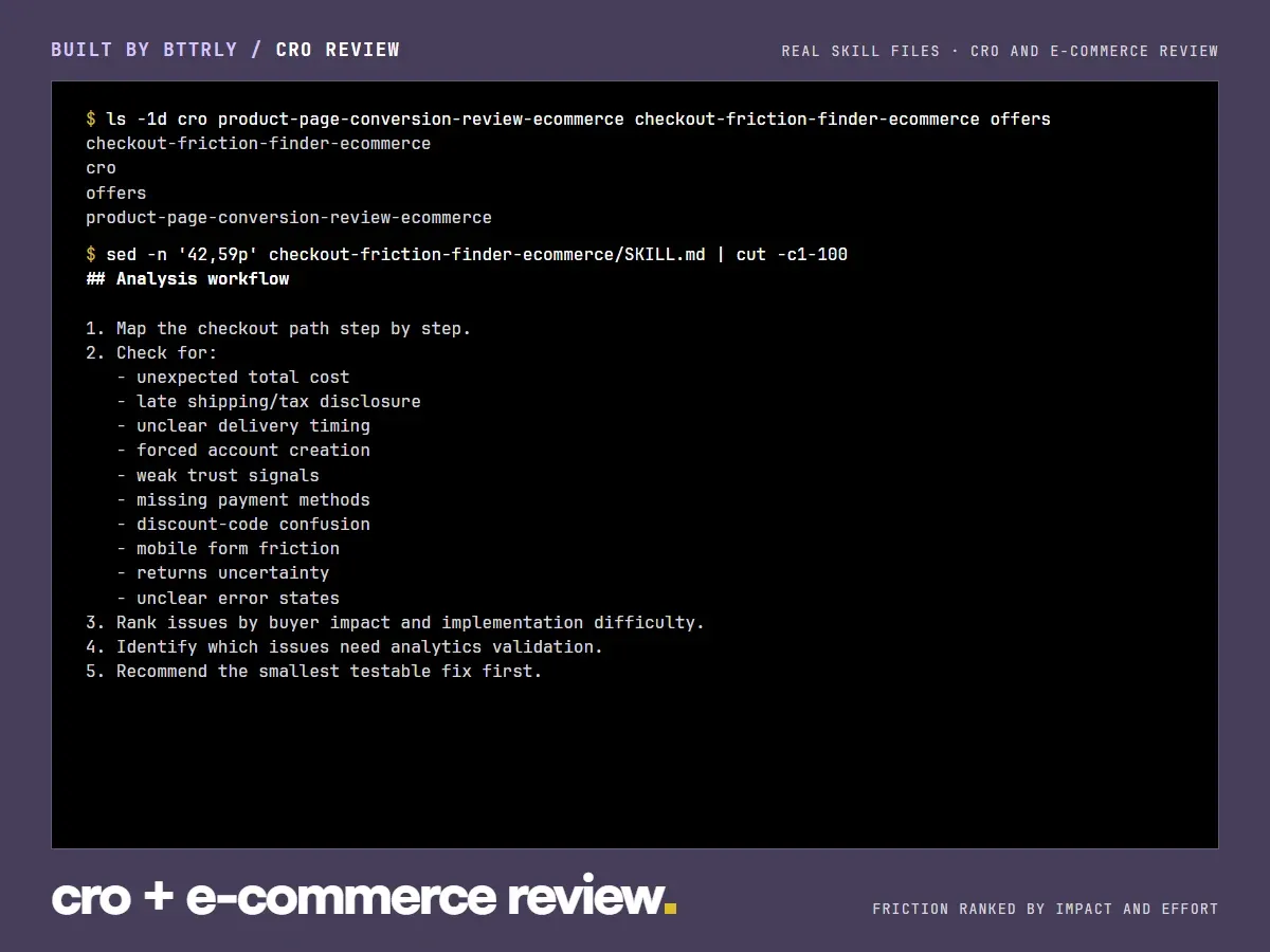 Terminal view of the conversion review skills and the checkout friction workflow with its ten checks